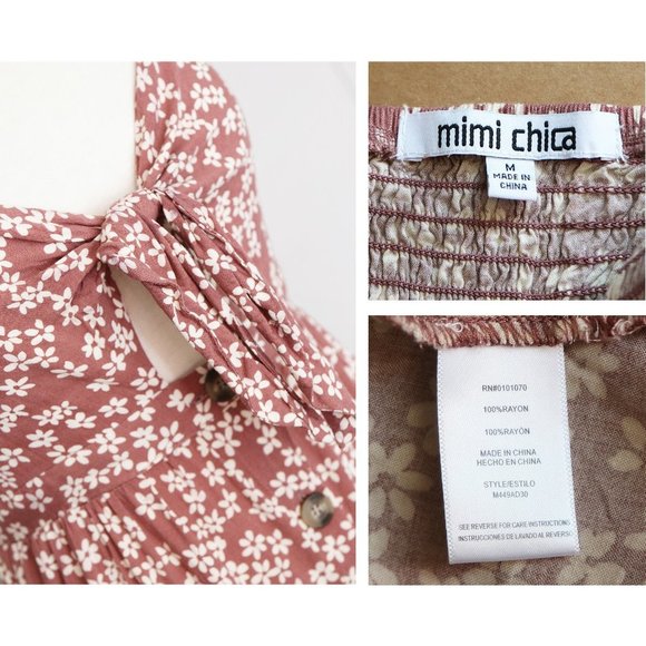 Mimi Chica Mauve Cream Floral Bow Tie Front Cutout Button Front Mini Dress M - Picture 8 of 9